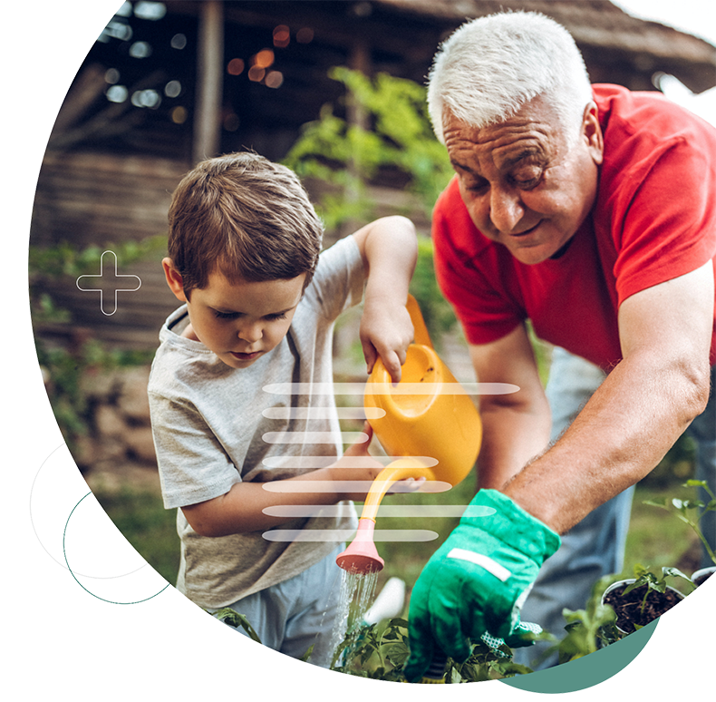 man and child, gardening
